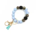 Silicone Beaded Keychain Blue Bow Leopard Print Wristlet Strap Bag Charm Key Ring Accessory - Grey Blue