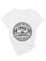 Women's white V-neck short sleeve t-shirt with camping graphic print and side knot design. - S / Tops / White