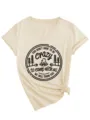Women Casual V-Neck Short Sleeve T-Shirt Summer Camping Letter Print Tied Hem Beige Top - S / Tops / Sand