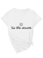 Nahaufnahme des weißen Damen V-Ausschnitt Kurzarm T-Shirts mit Baseball und Textdruck. - S / Oberteile / Weiß
