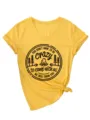 Casual women's yellow V-neck short sleeve t-shirt with camping graphic print and side knot. - S / Tops / Yellow
