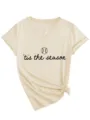 Lässiges beigefarbenes Damen V-Ausschnitt Kurzarmshirt mit Baseball und Saison-Druck. - S / Oberteile / Sandfarben