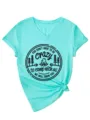 Turquoise V-neck short sleeve women t-shirt with camp graphic and front tie detail. - S / Tops / Deep Water Blue