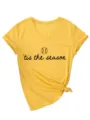 Damen gelbes V-Ausschnitt Kurzarm T-Shirt mit süßem Baseball Print und Knotensaum. - S / Oberteile / Gelb