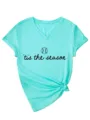 Lässiges bequemes Damen V-Ausschnitt Kurzarm T-Shirt mit Print und stylischem Knoten. - S / Oberteile / Tiefwasserblau