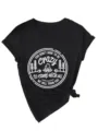 Detailed close-up of women black v-neck short sleeve t-shirt with front camping graphic print. - S / Tops / Black