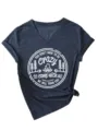Detailed view of the women casual v-neck short sleeve t-shirt with funny camping graphic print. - S / Tops / Navy Blue (White Font)