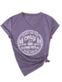Women V-Neck Short Sleeve Casual T-Shirt Camping Graphic Tee with Stylish Knot Hem - S / Tops / Purple (White Font)