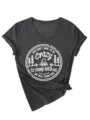 Dark grey women's V-neck short sleeve t-shirt featuring camping graphic print and knot hem casual top - S / Tops / Heather Gray (White Font)