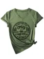 Green V-neck short sleeve women's t-shirt detail showing front camp slogan print and side knot. - S / Tops / Olive Green