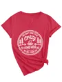 Women's casual red V-neck short sleeve T-shirt with cute camping graphic and side knot detail. - S / Tops / Red