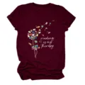 Burgundy short sleeve t-shirt with book dandelion graphic reading is my therapy casual top - S / Tops / Burgundy