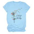 Light blue women short sleeve t-shirt featuring reading theme dandelion graphic print casual top. - S / Tops / Light Blue (Black Text)