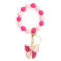 Pink Silicone Beaded Bracelet Keychain with Cute Thread Butterfly Pendant for Women and Girls - Pink