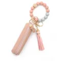 Cute silicone beaded wristlet keychain with pink leather pouch and tassel variant. - Pink