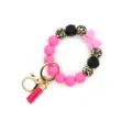 Silicone beaded keychain bracelet with leopard print beads, pink bow, tassel, and metal clasp. - Rose Red