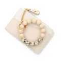 Beige lederen kaarthouder portemonnee met siliconen kralen polsband sleutelhanger goud. - Wit