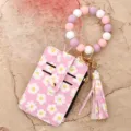 Pink floral PU leather card holder with pastel silicone bead bracelet keychain and tassel. - Pink (Daisy)