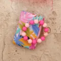 Floral print card holder wallet with colorful silicone bead wristlet keychain for women. - Pink Leaf