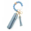 Silicone beaded wristlet keychain with leather pouch and tassel, stylish bag charm accessory. - Grey Blue