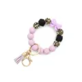 Silicone Beaded Keychain Bracelet with Purple Bow Leopard Print Beads and Tassel. - Purple