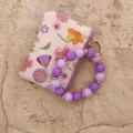 Porte-cartes en cuir floral avec porte-clés bracelet perles silicone violet pour femmes. - Fleur Violette