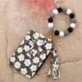 Blumenmuster Kartenetui Portemonnaie mit Silikonperlen Armband und Schlüsselanhänger. - Schwarz (Gänseblümchen)