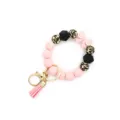 Silicone bead wristlet keychain with pink bow, leopard print beads and cute bag charm tassel. - Pink