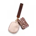Mini polsband sleutelhanger tas set, metallisch roségouden portemonnee en luipaardprint tas. - Set / Koffie Luipaard