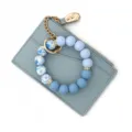 Blue silicone bead bracelet keychain with leather card holder wallet for women - Blue