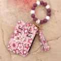 Blumenmuster Leder Kartenetui Geldbörse mit Silikon Perlen Armband und hübscher Quaste. - Purpurrot (Floral)