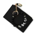 Black leather card wallet paired with silicone bead bangle keychain. Stylish multi-slot design. - Black