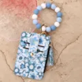 Damen Blumenmuster Leder Kartenetui mit Silikon Perlen Armband Schlüsselanhänger schick - Blau (Floral)