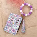 Blumenmuster Leder Kartenetui Geldbörse mit Silikon Perlen Armband und Quaste Anhänger - Lila (Blumen)