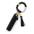 Silicone bead wristlet keychain with black leather lipstick pouch and tassel charm for women - Black
