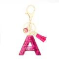 Pink glitter resin letter A keychain with gold clasp, fish scale charm and tassel. - Pink Sequin Tassel Keychain / Letter A