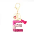 Pink glitter letter E resin keychain with tassel, gold keyring, stylish bag charm accessory. - Pink Sequin Tassel Keychain / Letter E