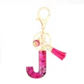 Pink glitter letter J resin keychain with gold hardware tassel bag charm and fish scale pendant - Pink Sequin Tassel Keychain / Letter J