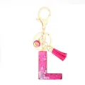 Pink glitter resin letter L keychain with gold hardware and stylish tassel pendant. - Pink Sequin Tassel Keychain / Letter L