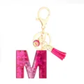 Pink glitter resin letter M keychain with gold clasp and tassel bag charm accessory. - Pink Sequin Tassel Keychain / Letter M