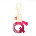 Pink glitter resin letter Q keychain with gold clasp, mermaid scale charm and tassel. - Pink Sequin Tassel Keychain / Letter Q