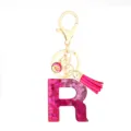 Pink sequin letter R resin keychain with gold clasp and cute pink tassel bag charm. - Pink Sequin Tassel Keychain / Letter R