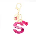 Pink sequin letter S resin keychain with fish scale charm and tassel for bag decoration - Pink Sequin Tassel Keychain / Letter S