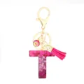 Pink Glitter Resin Letter T Keychain with Tassel Gold Clasp Cute Bag Charm Pendant Accessory - Pink Sequin Tassel Keychain / Letter T