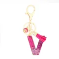 Pink Glitter Resin Letter V Keychain with Fish Scale Charm and Matching Pink Tassel - Pink Sequin Tassel Keychain / Letter V