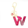 Pink Glitter Resin Letter W Keychain with Tassel Gold Clasp Bag Charm Pendant Accessory - Pink Sequin Tassel Keychain / Letter W