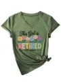 Donna Collo V Manica Corta Maglietta Verde Oliva Retired Stampa Lettera Casual Top - Taglia S / Top / Verde Oliva (Stampa Nera)