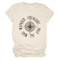 Beige Rundhals Kurzarm T-Shirt fuer Damen mit vintage Kompass Grafik und modischem Print. - S / Oberteile / Sand (Schwarzer Text)