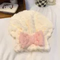 Cuffia asciugacapelli in peluche con fiocco rosa, asciugamano in microfibra super assorbente. - bianco crema