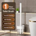 Floor-standing toilet brush set with holder, white long-handled cleaning tool for bathroom. - Drainage Base Style / White